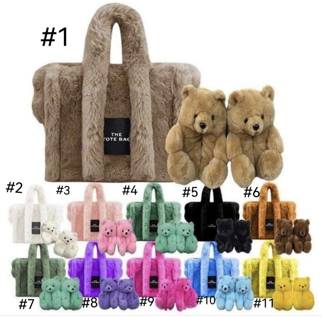 Furry Bag with Bear Slipper Set