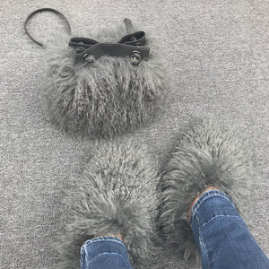 Women Fashion Furry Slides with Bag Set