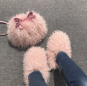 Women Fashion Furry Slides with Bag Set