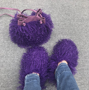 Women Fashion Furry Slides with Bag Set