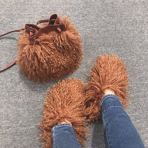 Women Fashion Furry Slides with Bag Set