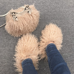 Women Fashion Furry Slides with Bag Set