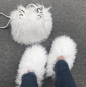 Women Fashion Furry Slides with Bag Set