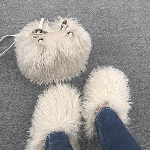 Women Fashion Furry Slides with Bag Set