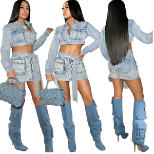 Women Fashion Jean Jacket with Skirt Set