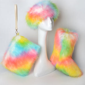 Furry 3 pcs Boots Hat Bag Set