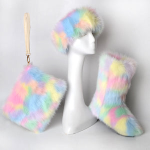 Furry 3 pcs Boots Hat Bag Set