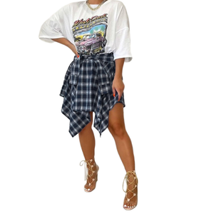 Women Plaid Tie-Sleeve Fake Shirt Skirt