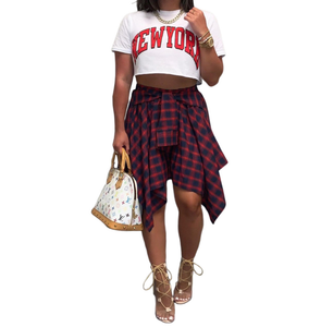 Women Plaid Tie-Sleeve Fake Shirt Skirt