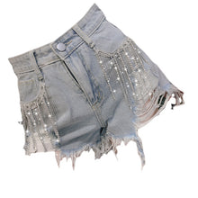 Load image into Gallery viewer, Fringed Diamond Denim Shorts
