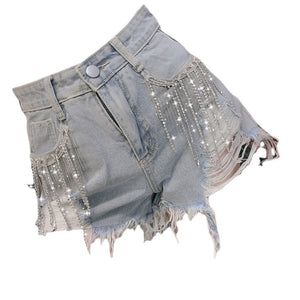 Fringed Diamond Denim Shorts