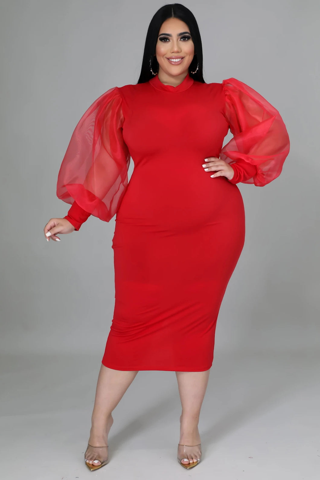 Plus Size Mesh Lantern Sleeve Dress