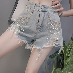 Fringed Diamond Denim Shorts