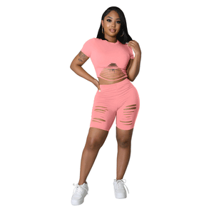 Two-Piece Ripped Short-Sleeve Tracksuit Shorts