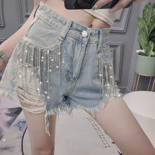 Load image into Gallery viewer, Fringed Diamond Denim Shorts
