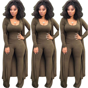 Women 3 PCs Outfits Ottoman Rib Open Front Cardigan Cover Up Crop Tank Tops Wide Leg Palazzo Pant Set Jumpsuit