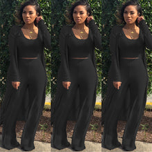 Load image into Gallery viewer, Women 3 PCs Outfits Ottoman Rib Open Front Cardigan Cover Up Crop Tank Tops Wide Leg Palazzo Pant Set Jumpsuit
