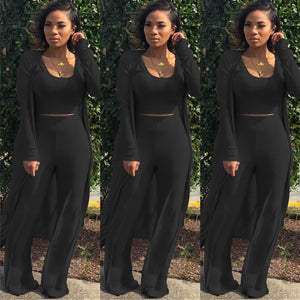 Women 3 PCs Outfits Ottoman Rib Open Front Cardigan Cover Up Crop Tank Tops Wide Leg Palazzo Pant Set Jumpsuit