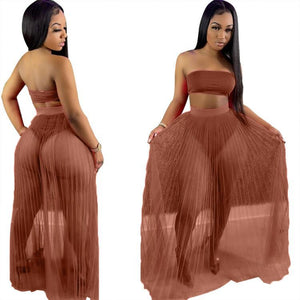 Women Lace Mesh Maxi  3 PCs Skirt Set