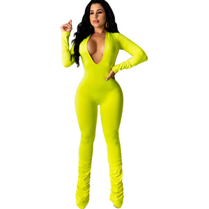 Stacked Women's Sexy Bodycon Catsuit V Neckline Bodysuit One Piece Jumpsuit