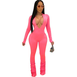 Stacked Women's Sexy Bodycon Catsuit V Neckline Bodysuit One Piece Jumpsuit