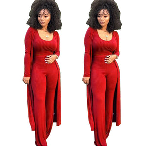 Women 3 PCs Outfits Ottoman Rib Open Front Cardigan Cover Up Crop Tank Tops Wide Leg Palazzo Pant Set Jumpsuit