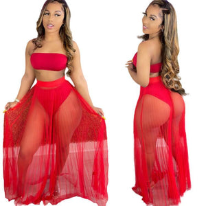 Women Lace Mesh Maxi  3 PCs Skirt Set