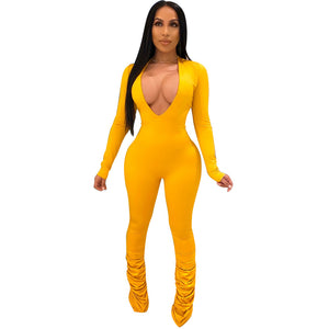 Stacked Women's Sexy Bodycon Catsuit V Neckline Bodysuit One Piece Jumpsuit