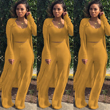 Load image into Gallery viewer, Women 3 PCs Outfits Ottoman Rib Open Front Cardigan Cover Up Crop Tank Tops Wide Leg Palazzo Pant Set Jumpsuit
