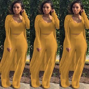 Women 3 PCs Outfits Ottoman Rib Open Front Cardigan Cover Up Crop Tank Tops Wide Leg Palazzo Pant Set Jumpsuit